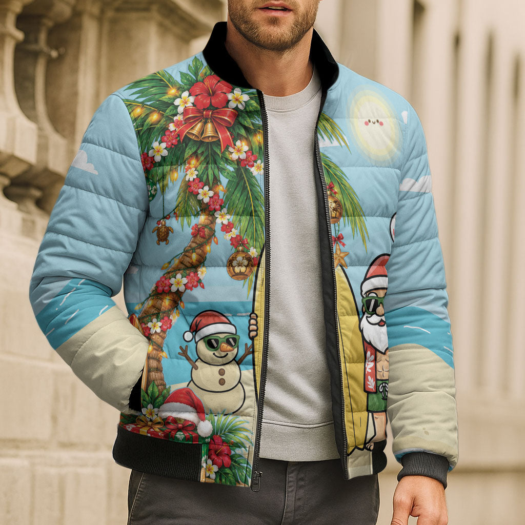 Hawaii Christmas Mele Kalikimaka Bomber Puffer Jacket Festive Palm Chilling Santa With Surfboard LT14 - Polynesian Pride
