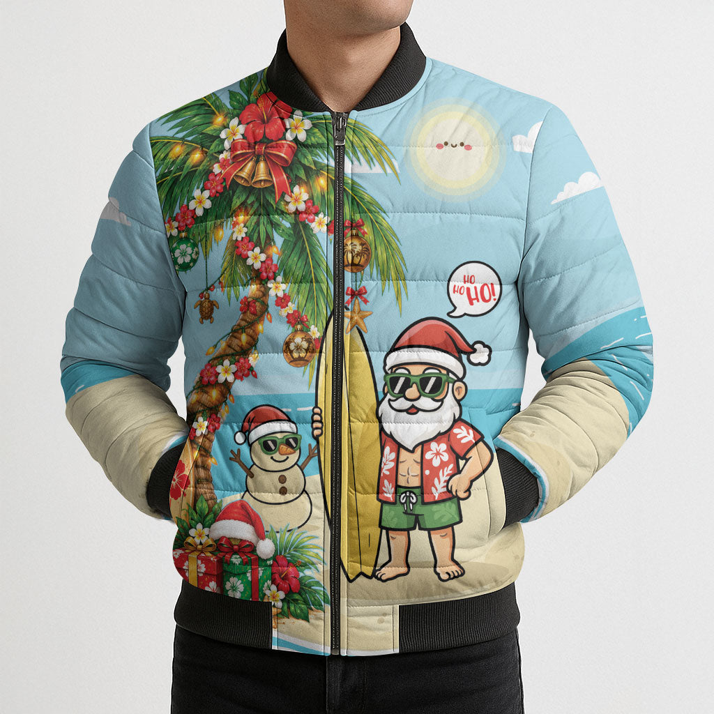 Hawaii Christmas Mele Kalikimaka Bomber Puffer Jacket Festive Palm Chilling Santa With Surfboard LT14 - Polynesian Pride