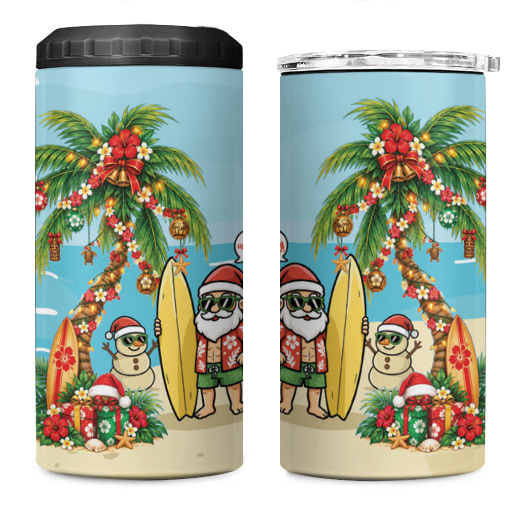 Hawaii Christmas Mele Kalikimaka 4 in 1 Can Cooler Tumbler Festive Palm Chilling Santa With Surfboard LT14 One Size: 16 oz Blue - Polynesian Pride