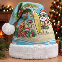 Hawaii Christmas Mele Kalikimaka Christmas Santa Hat Festive Palm Chilling Santa With Surfboard LT14 With Fur Blue - Polynesian Pride
