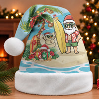 Hawaii Christmas Mele Kalikimaka Christmas Santa Hat Festive Palm Chilling Santa With Surfboard LT14 Without Fur Blue - Polynesian Pride