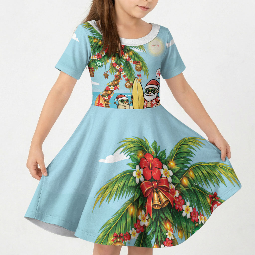 Hawaii Christmas Mele Kalikimaka Kid Short Sleeve Dress Festive Palm Chilling Santa With Surfboard LT14 KID Blue - Polynesian Pride
