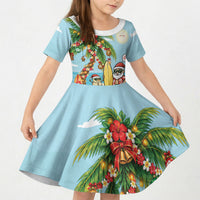 Hawaii Christmas Mele Kalikimaka Kid Short Sleeve Dress Festive Palm Chilling Santa With Surfboard LT14 KID Blue - Polynesian Pride