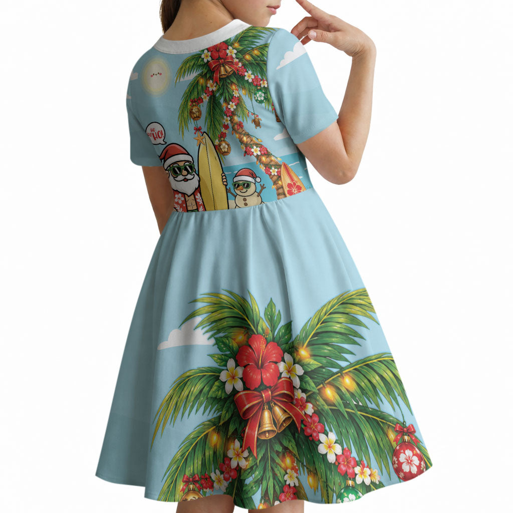 Hawaii Christmas Mele Kalikimaka Kid Short Sleeve Dress Festive Palm Chilling Santa With Surfboard LT14 - Polynesian Pride