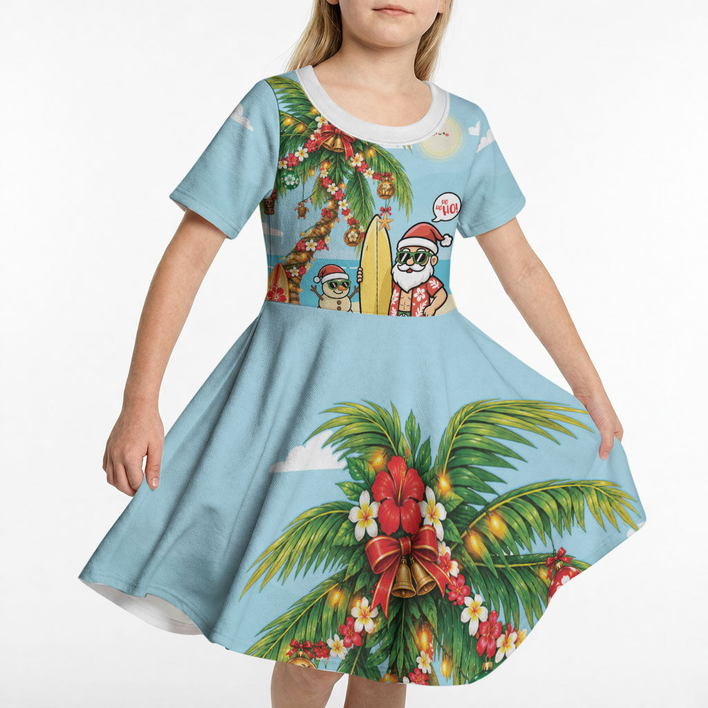 Hawaii Christmas Mele Kalikimaka Kid Short Sleeve Dress Festive Palm Chilling Santa With Surfboard LT14 - Polynesian Pride