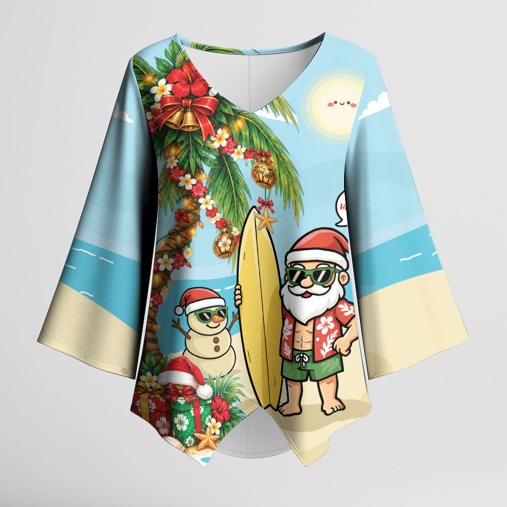 Hawaii Christmas Mele Kalikimaka Kimono Sleeve Blouse Festive Palm Chilling Santa With Surfboard LT14 Female Blue - Polynesian Pride