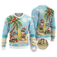 Hawaii Christmas Mele Kalikimaka Ugly Christmas Sweater Festive Palm Chilling Santa With Surfboard LT14 Blue - Polynesian Pride
