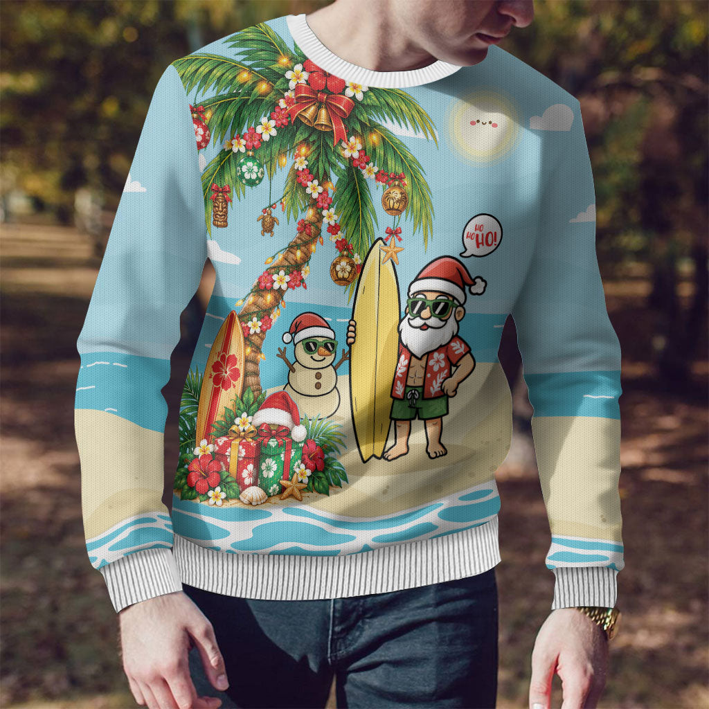 Hawaii Christmas Mele Kalikimaka Ugly Christmas Sweater Festive Palm Chilling Santa With Surfboard LT14 - Polynesian Pride