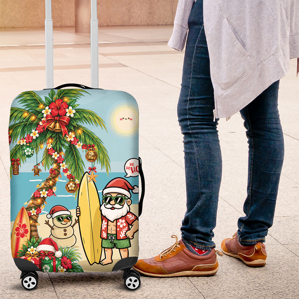 Hawaii Christmas Mele Kalikimaka Luggage Cover Festive Palm Chilling Santa With Surfboard LT14 Blue - Polynesian Pride