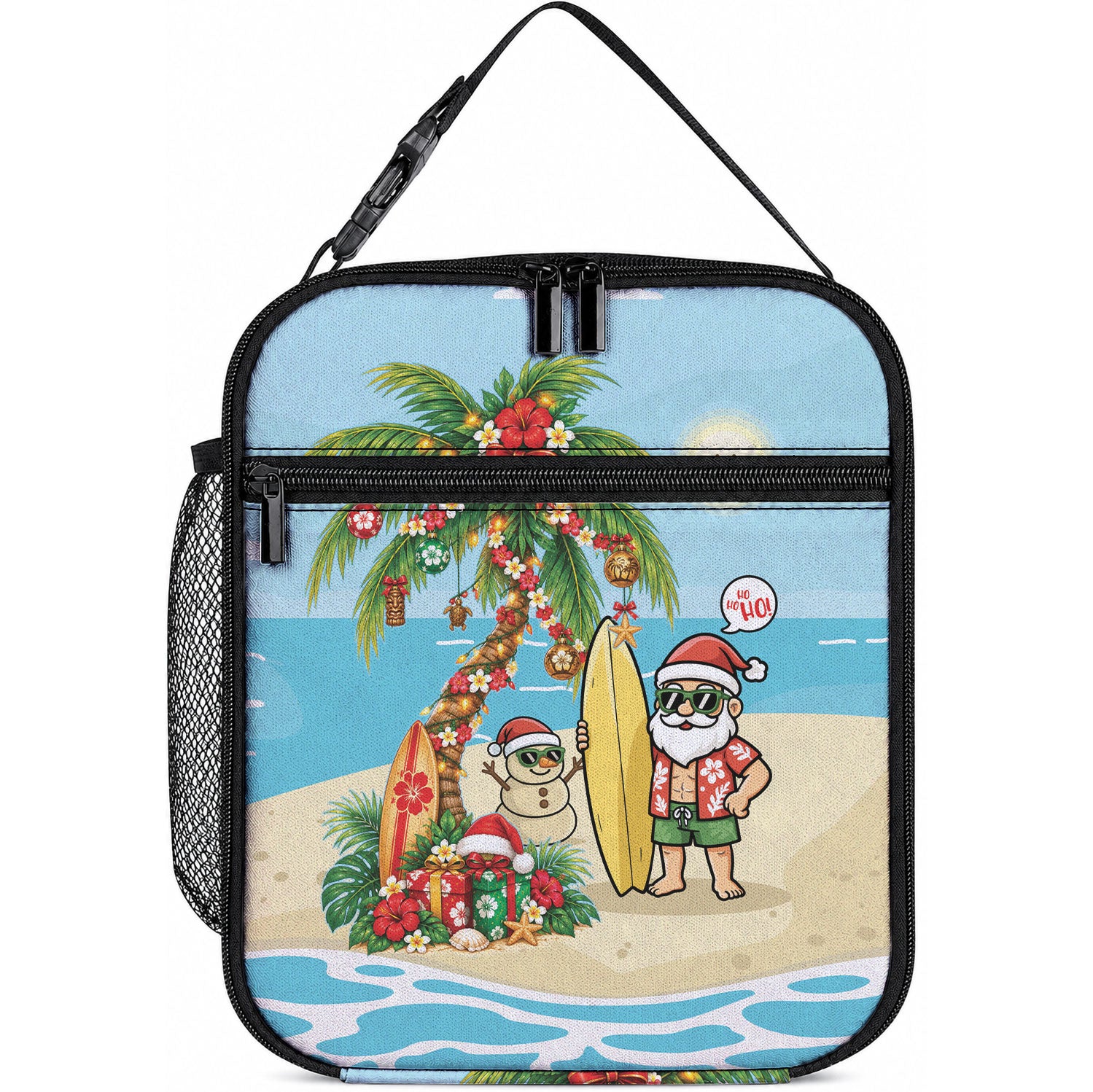 Hawaii Christmas Mele Kalikimaka Lunch Bag Festive Palm Chilling Santa With Surfboard LT14 10.2 × 8.3 × 4.3 inch Blue - Polynesian Pride