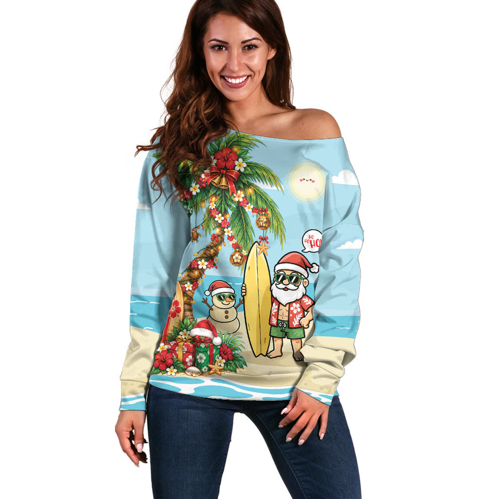Hawaii Christmas Mele Kalikimaka Off Shoulder Sweater Festive Palm Chilling Santa With Surfboard LT14 Women Blue - Polynesian Pride