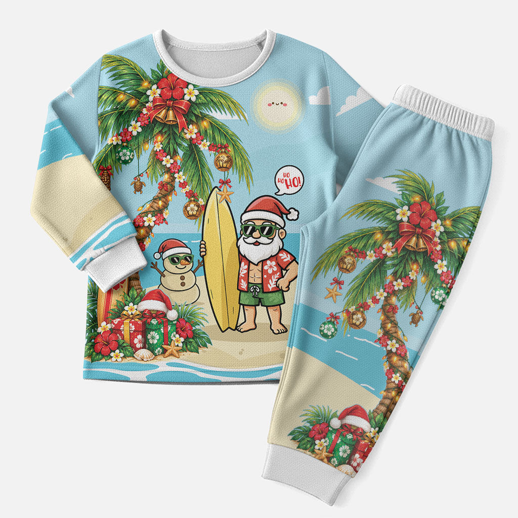 Hawaii Christmas Mele Kalikimaka Christmas Pajama Set Festive Palm Chilling Santa With Surfboard LT14 Men Blue - Polynesian Pride