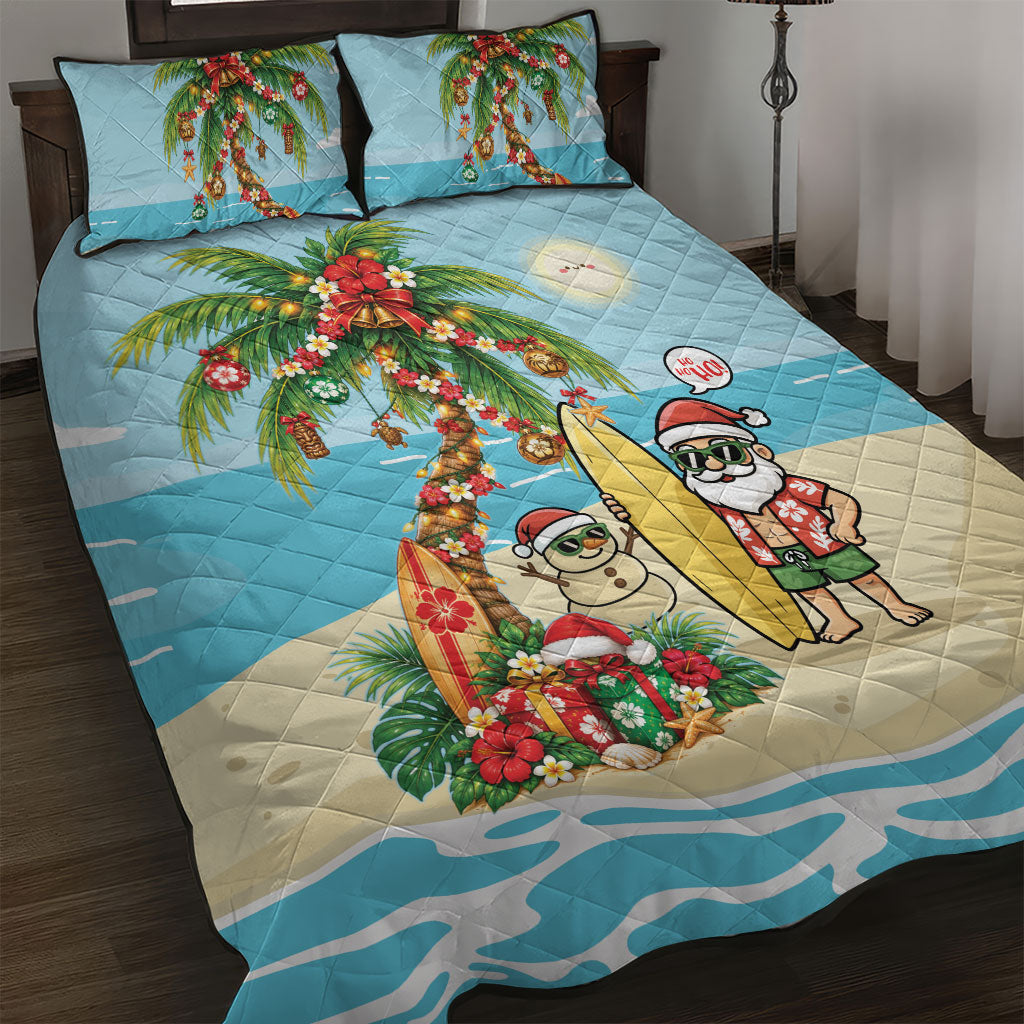 Hawaii Christmas Mele Kalikimaka Quilt Bed Set Festive Palm Chilling Santa With Surfboard LT14 Blue - Polynesian Pride