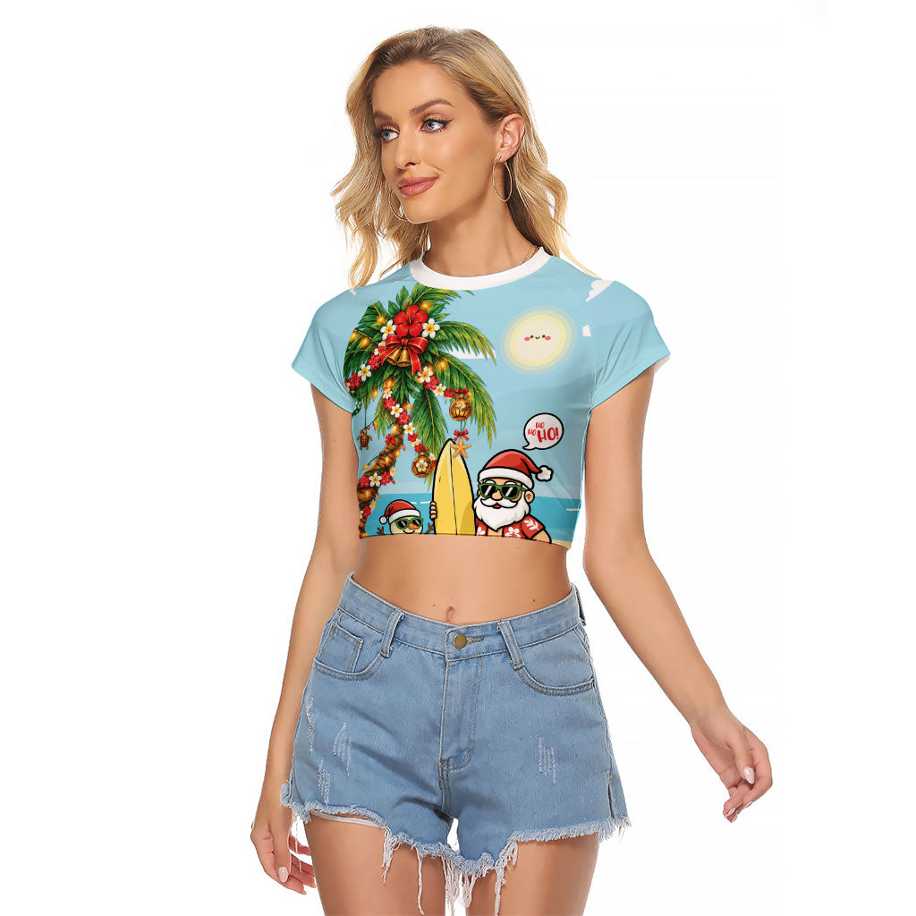 Hawaii Christmas Mele Kalikimaka Raglan Cropped T Shirt Festive Palm Chilling Santa With Surfboard LT14 Female Blue - Polynesian Pride