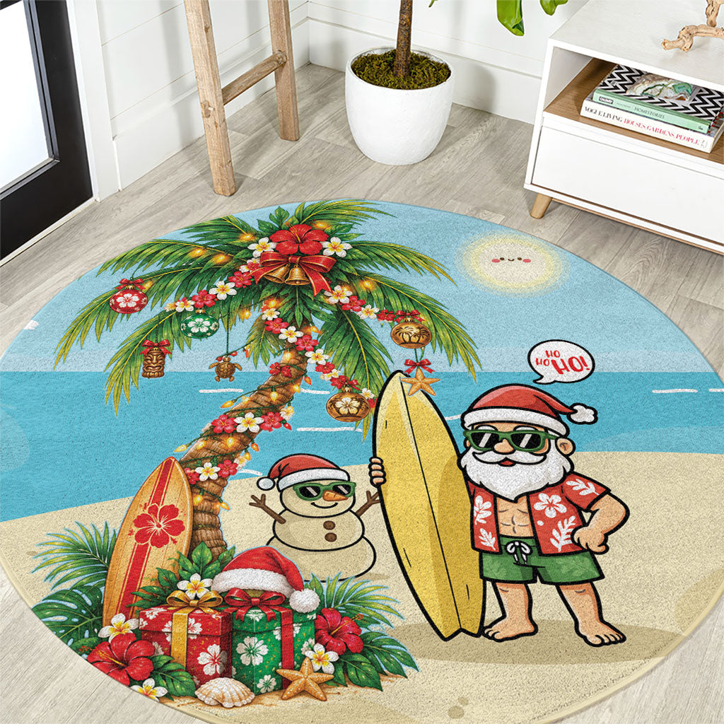 Hawaii Christmas Mele Kalikimaka Round Carpet Festive Palm Chilling Santa With Surfboard LT14 Blue - Polynesian Pride