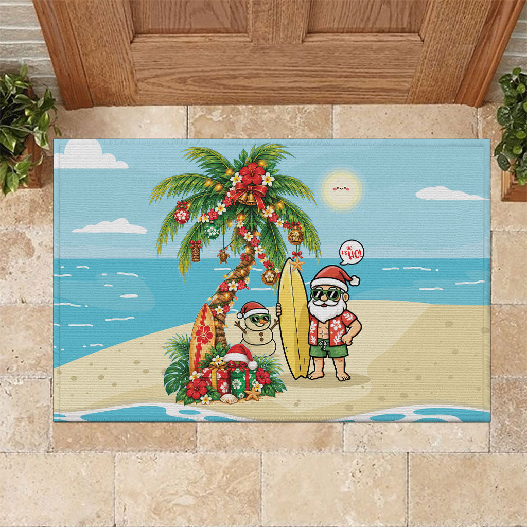 Hawaii Christmas Mele Kalikimaka Rubber Doormat Festive Palm Chilling Santa With Surfboard LT14 Blue - Polynesian Pride