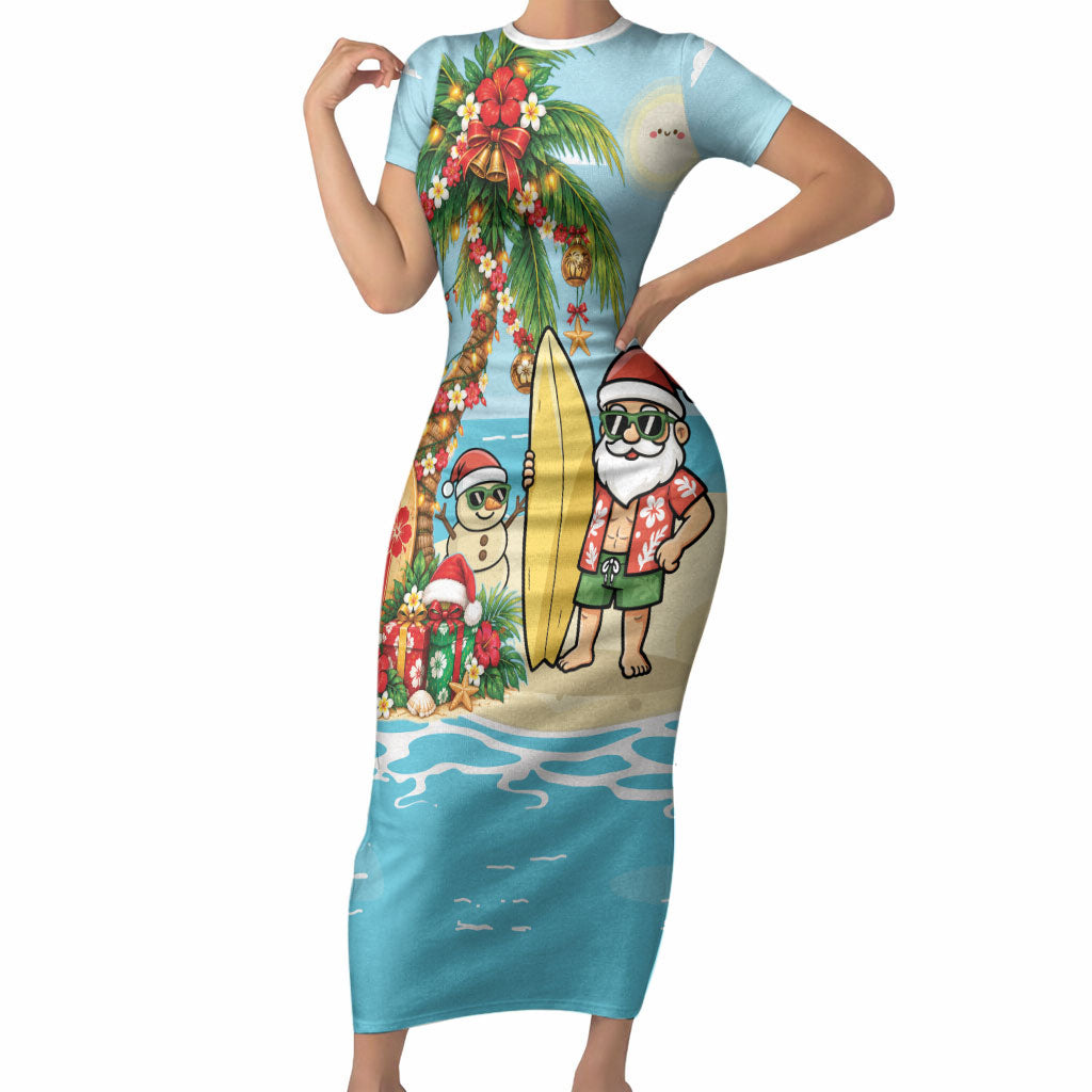 Hawaii Christmas Mele Kalikimaka Short Sleeve Bodycon Dress Festive Palm Chilling Santa With Surfboard LT14 Long Dress Blue - Polynesian Pride