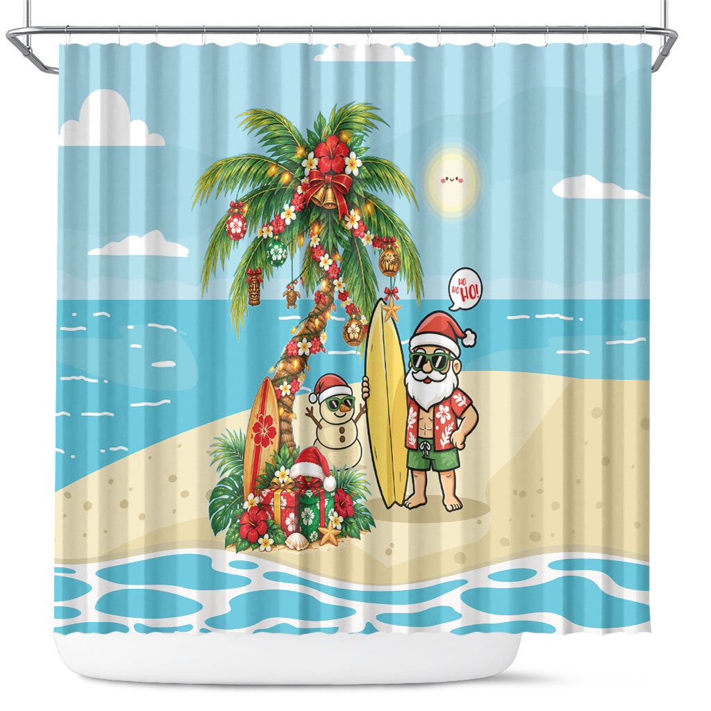 Hawaii Christmas Mele Kalikimaka Shower Curtain Festive Palm Chilling Santa With Surfboard LT14 Blue - Polynesian Pride