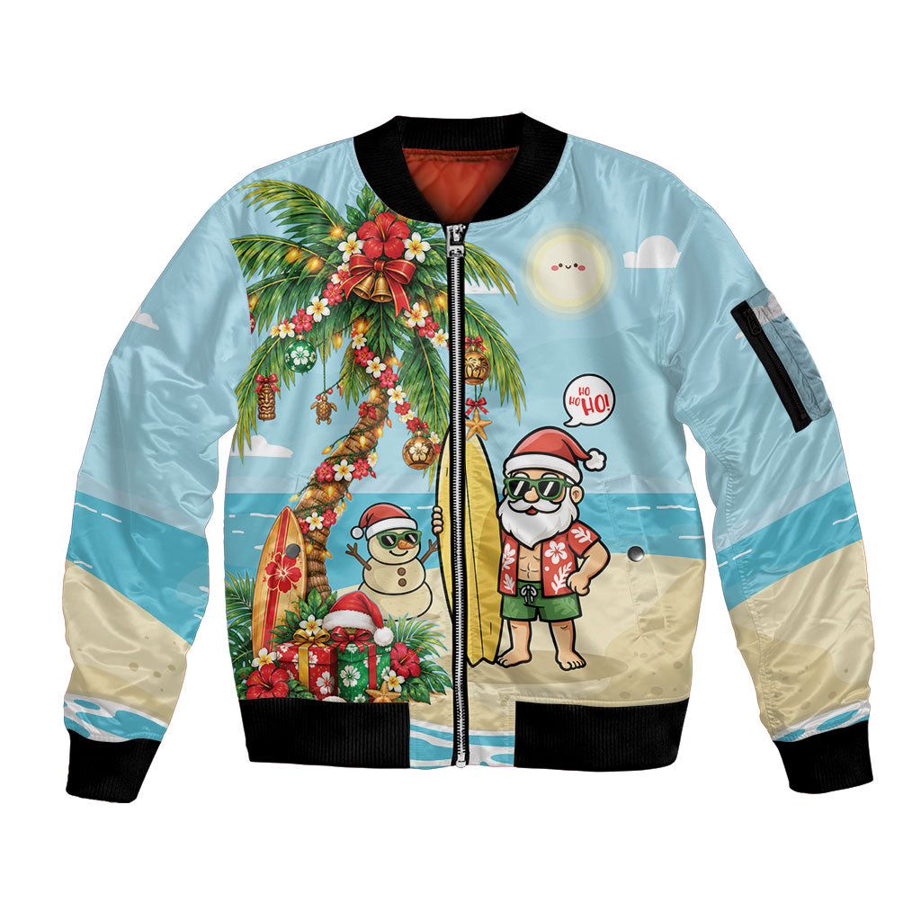Hawaii Christmas Mele Kalikimaka Sleeve Zip Bomber Jacket Festive Palm Chilling Santa With Surfboard LT14 Unisex Blue - Polynesian Pride
