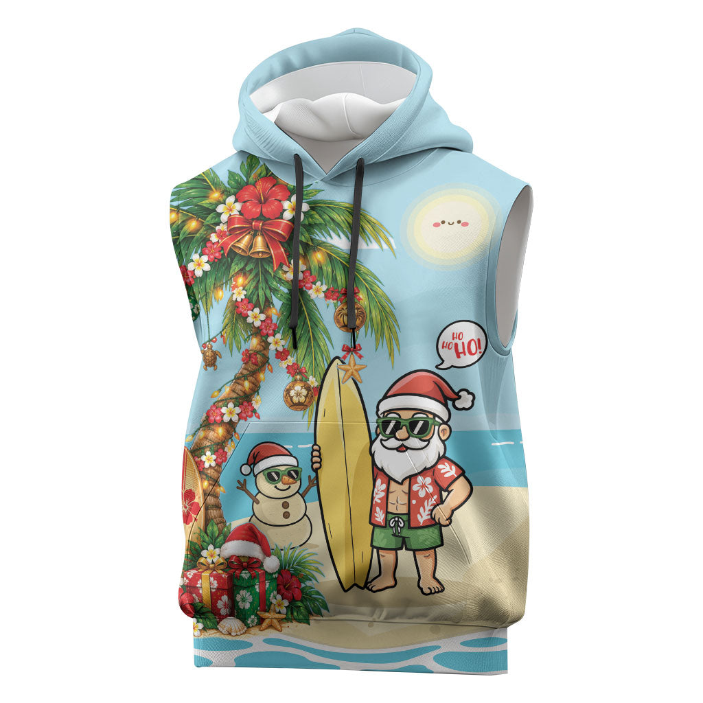 Hawaii Christmas Mele Kalikimaka Sleeveless Hoodie Festive Palm Chilling Santa With Surfboard LT14 Blue - Polynesian Pride