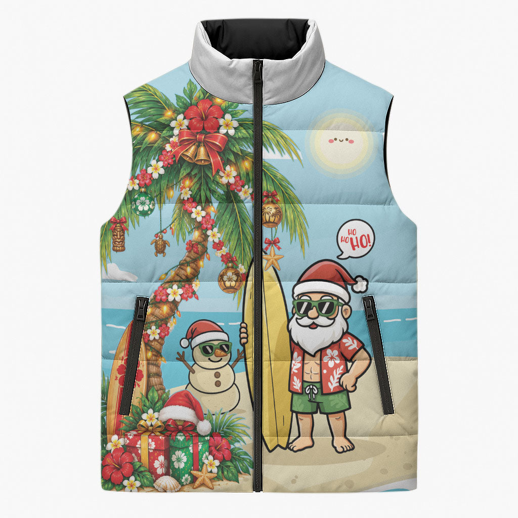 Hawaii Christmas Mele Kalikimaka Sleeveless Puffer Jacket Festive Palm Chilling Santa With Surfboard LT14 Unisex Blue - Polynesian Pride