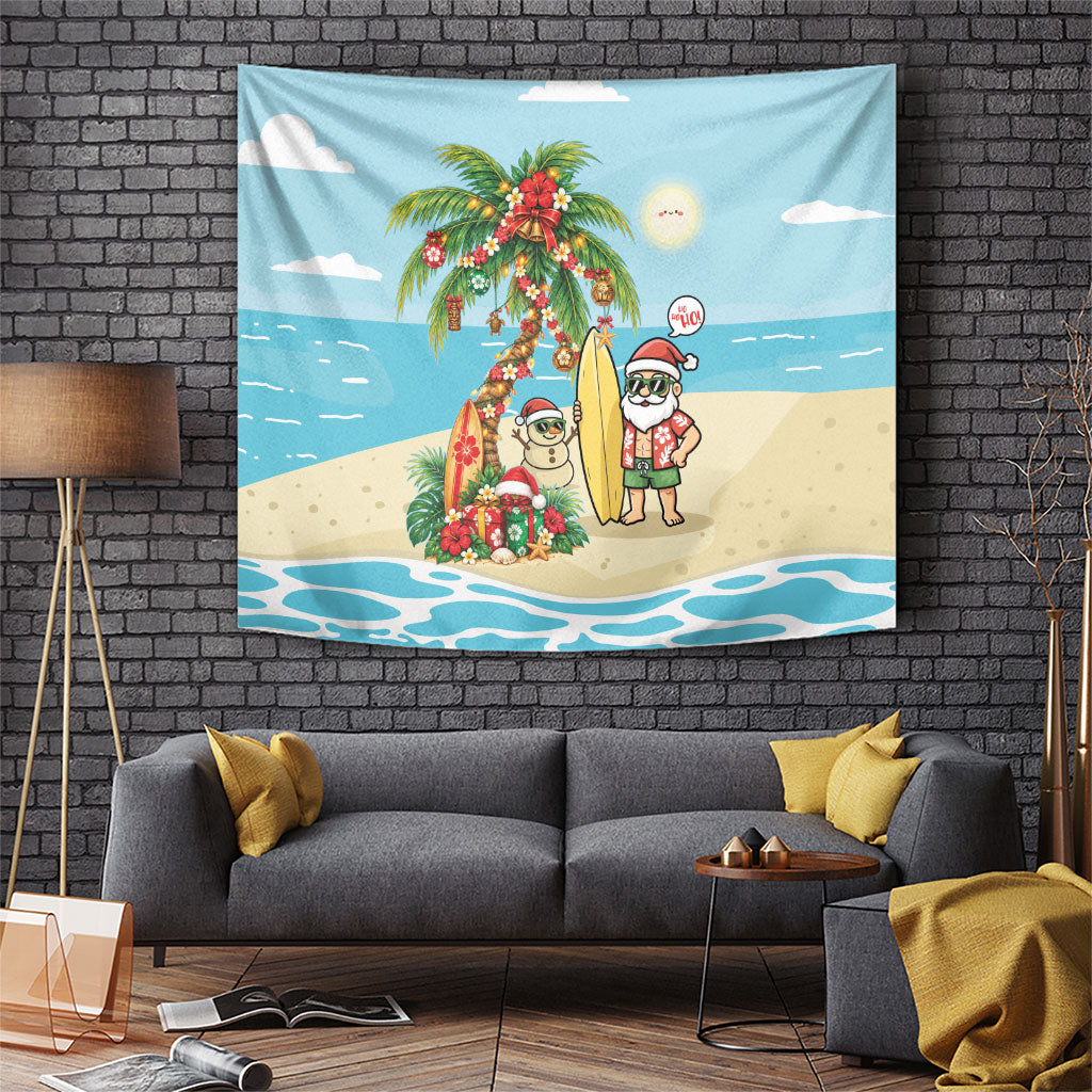 Hawaii Christmas Mele Kalikimaka Tapestry Festive Palm Chilling Santa With Surfboard LT14 Blue - Polynesian Pride