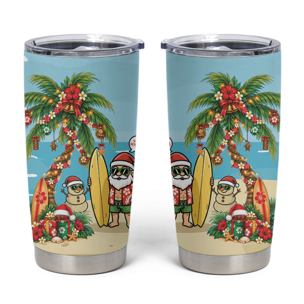 Hawaii Christmas Mele Kalikimaka Tumbler Cup Festive Palm Chilling Santa With Surfboard LT14 Blue - Polynesian Pride