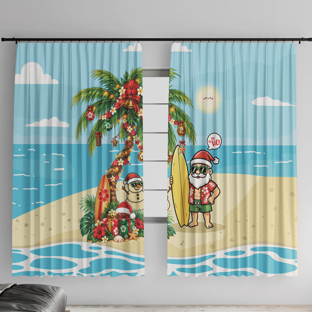 Hawaii Christmas Mele Kalikimaka Window Curtain Festive Palm Chilling Santa With Surfboard LT14 With Hooks Blue - Polynesian Pride