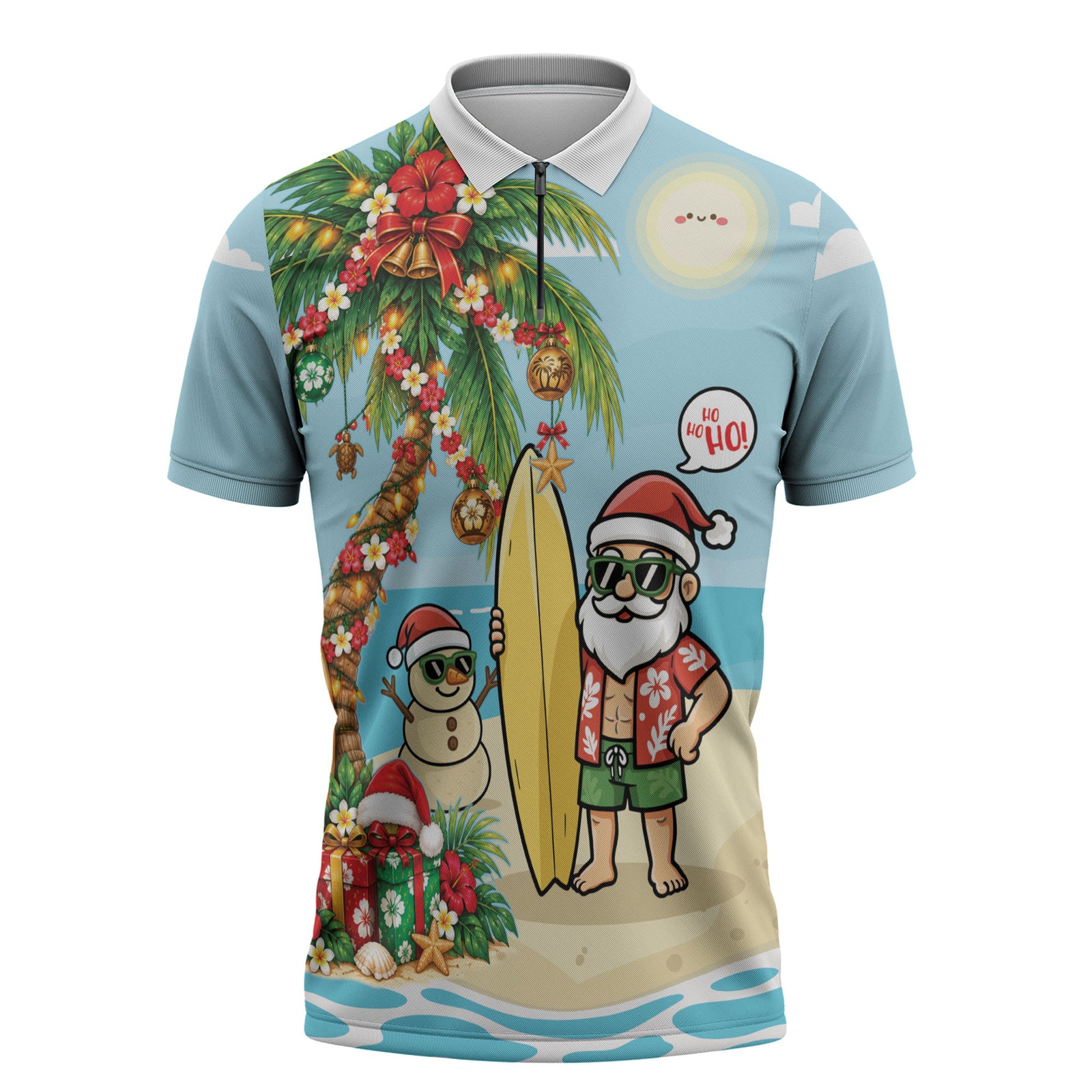 Hawaii Christmas Mele Kalikimaka Zipper Polo Shirt Festive Palm Chilling Santa With Surfboard LT14 Blue - Polynesian Pride