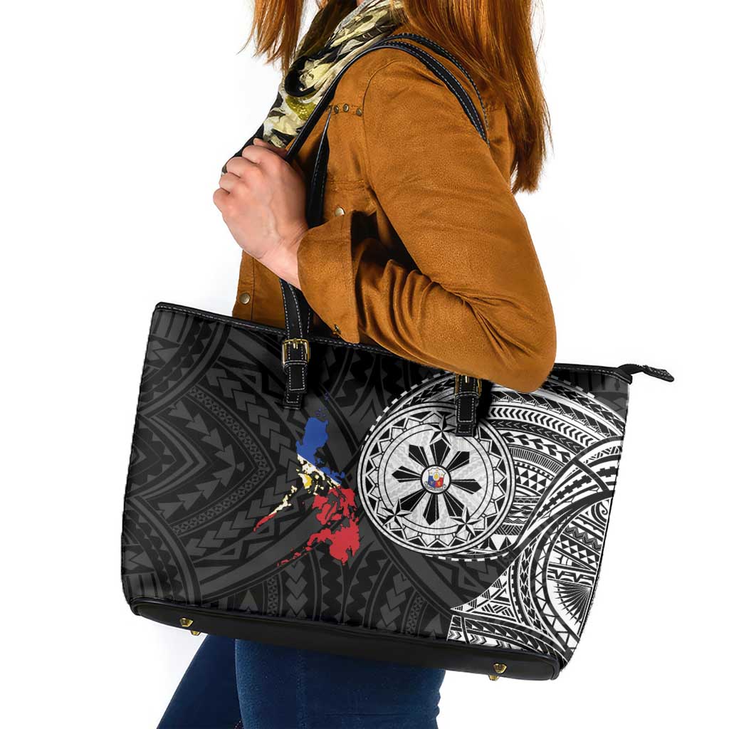 Philippines Strong Leather Tote Bag Filipino Map Polynesian Tattoo LT14 Black - Polynesian Pride