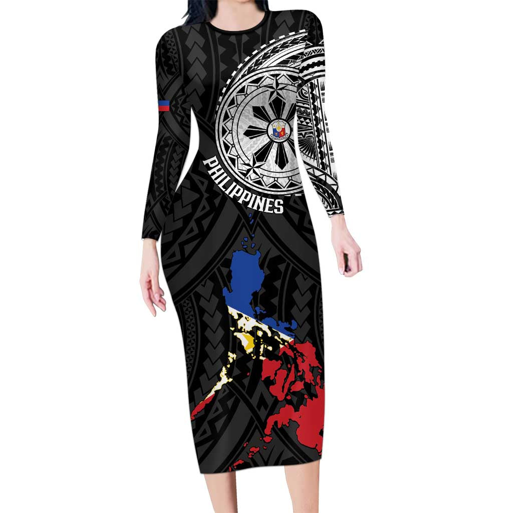 Philippines Strong Long Sleeve Bodycon Dress Filipino Map Polynesian Tattoo LT14 Long Dress Black - Polynesian Pride