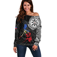Philippines Strong Off Shoulder Sweater Filipino Map Polynesian Tattoo LT14 Women Black - Polynesian Pride