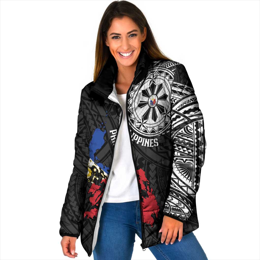 Philippines Strong Padded Jacket Filipino Map Polynesian Tattoo LT14 Women Black - Polynesian Pride