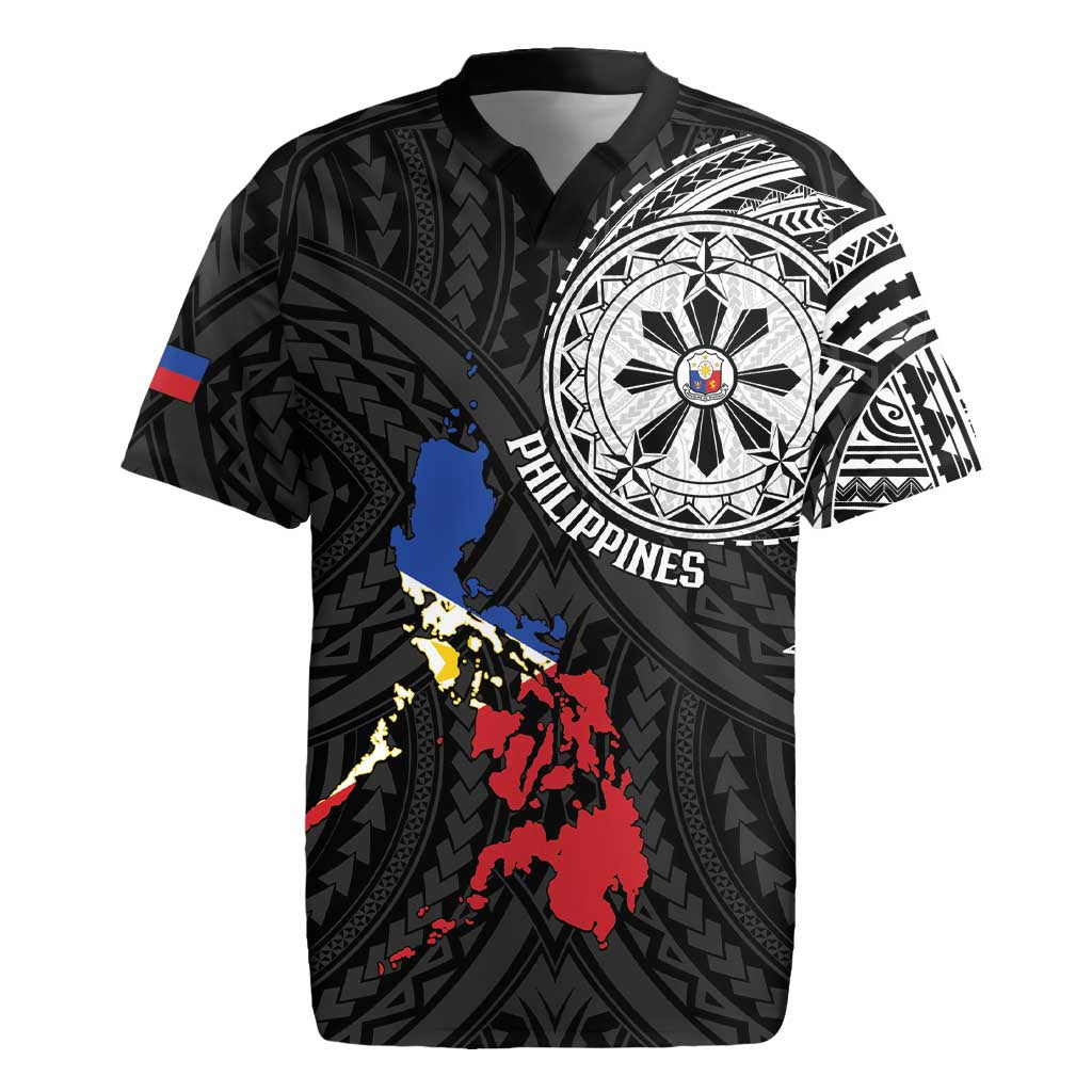 Philippines Strong Rugby Jersey Filipino Map Polynesian Tattoo LT14 Black - Polynesian Pride
