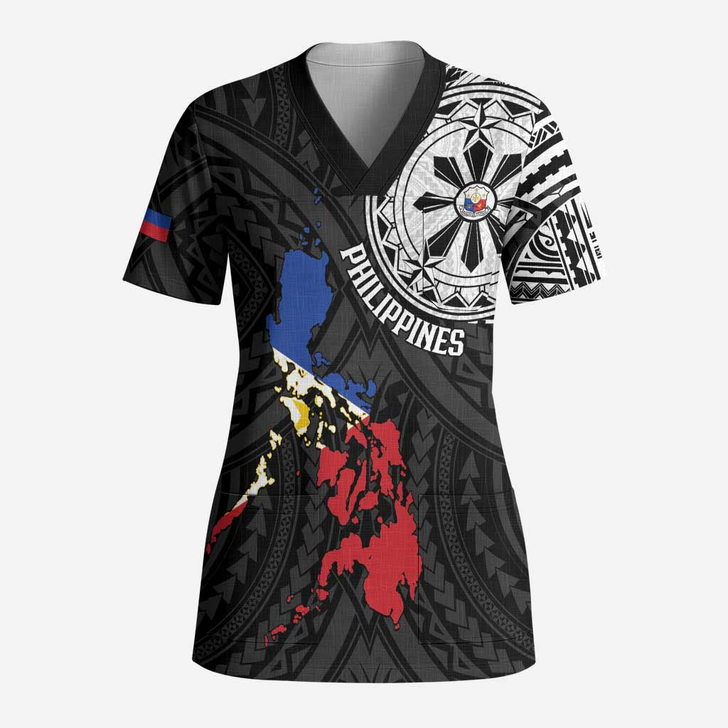 Philippines Strong Scrub Top Filipino Map Polynesian Tattoo LT14 Adult Black - Polynesian Pride