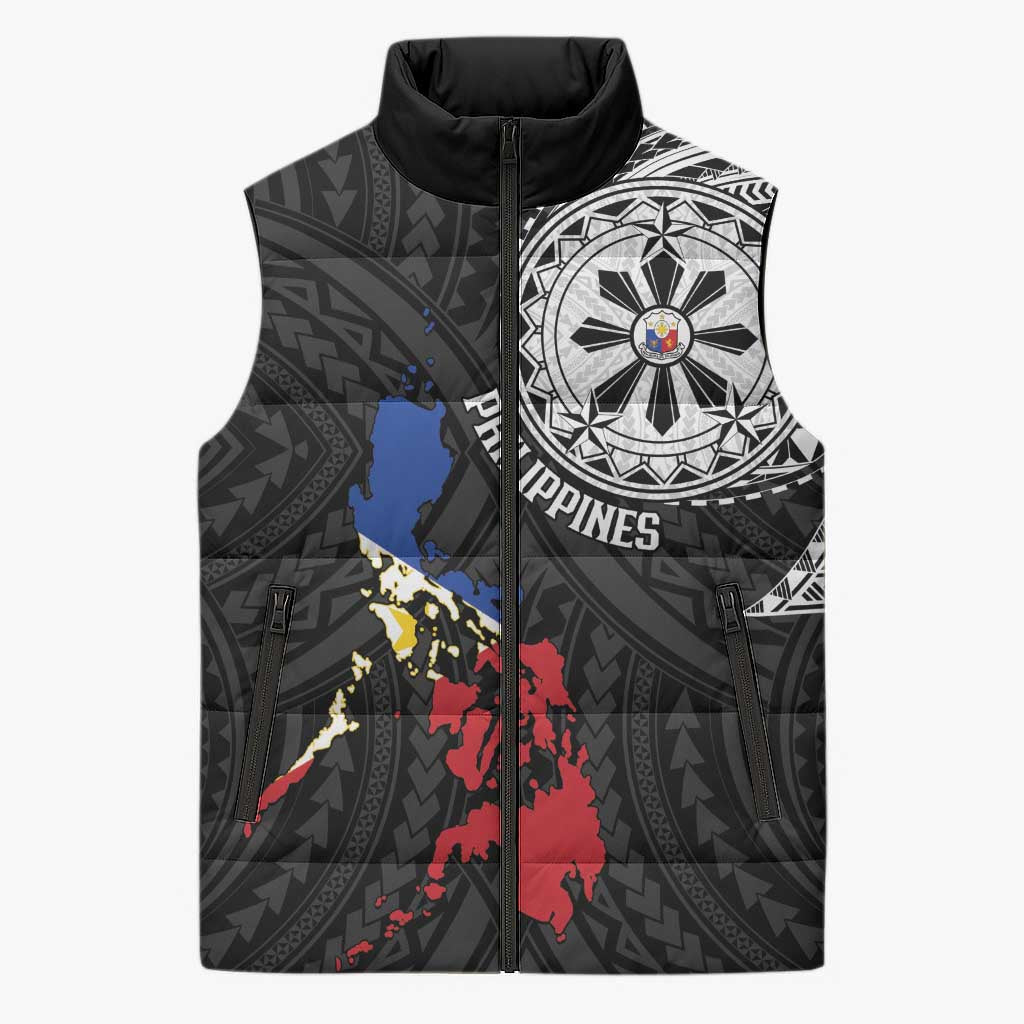 Philippines Strong Sleeveless Puffer Jacket Filipino Map Polynesian Tattoo LT14 Unisex Black - Polynesian Pride