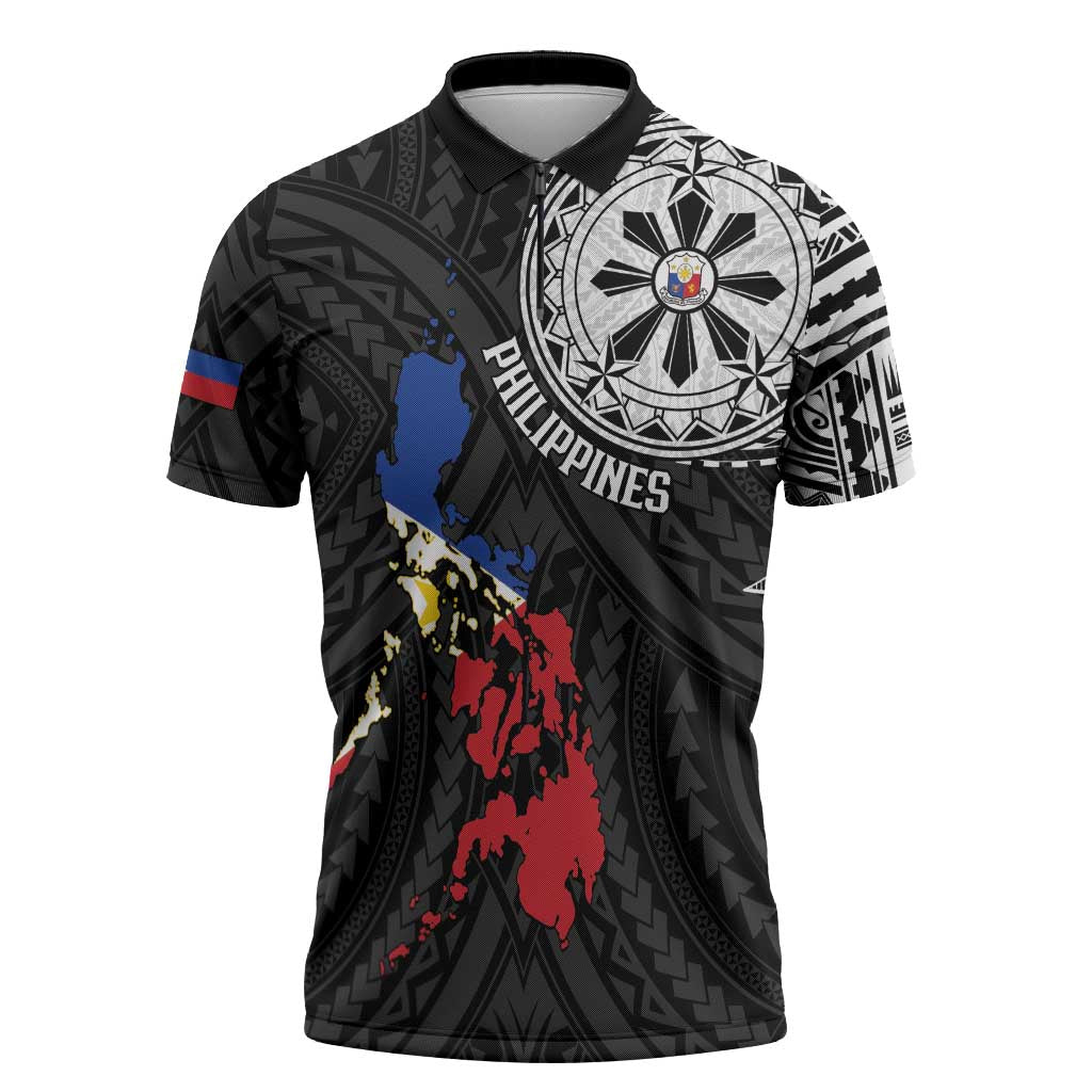 Philippines Strong Zipper Polo Shirt Filipino Map Polynesian Tattoo LT14 Black - Polynesian Pride
