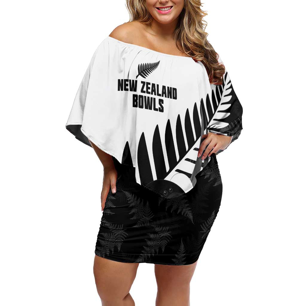 New Zealand Lawn Bowls Custom Off Shoulder Short Dress Aotearoa Silver Fern LT14 Women Black - Polynesian Pride