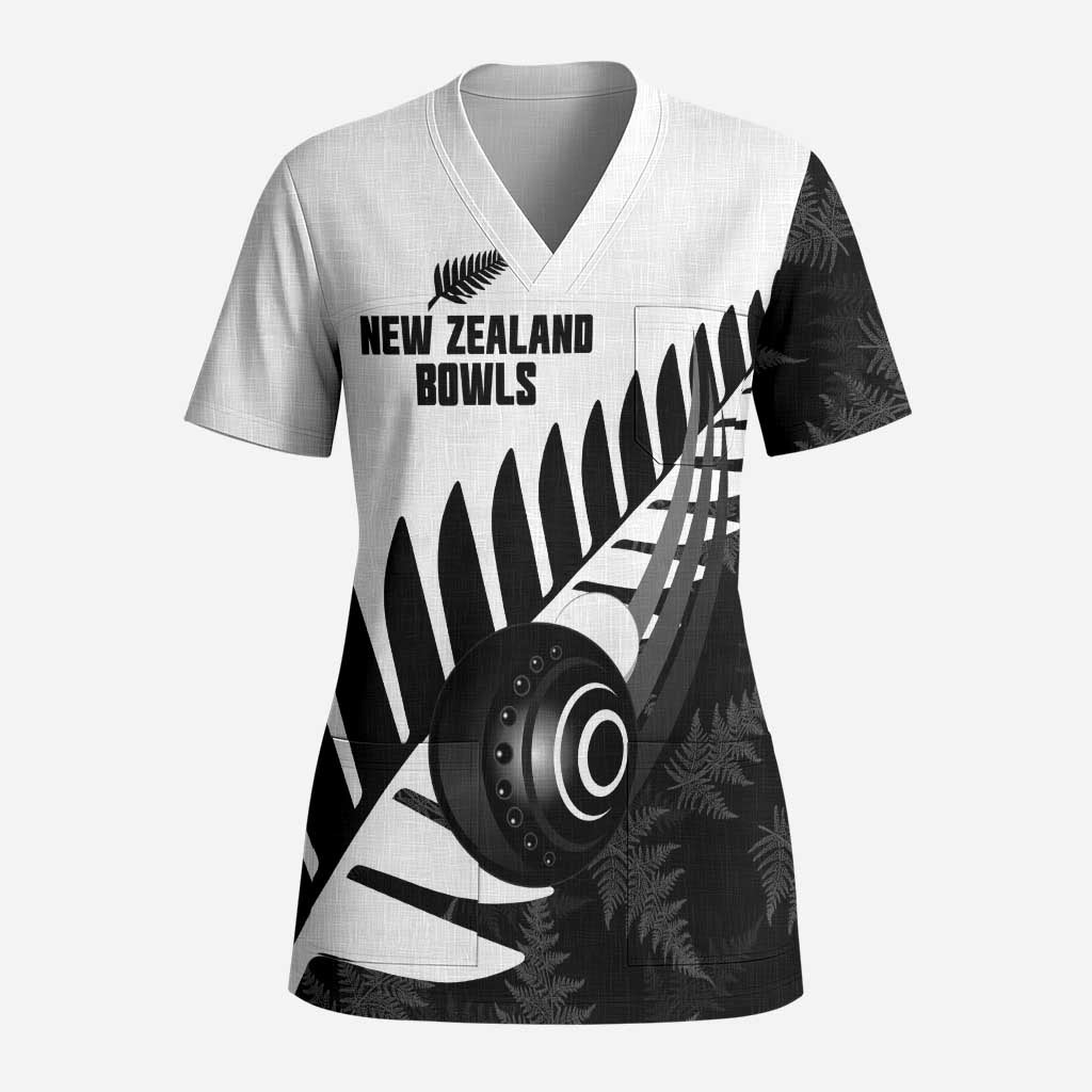 New Zealand Lawn Bowls Custom Scrub Top Aotearoa Silver Fern LT14 Adult Black - Polynesian Pride
