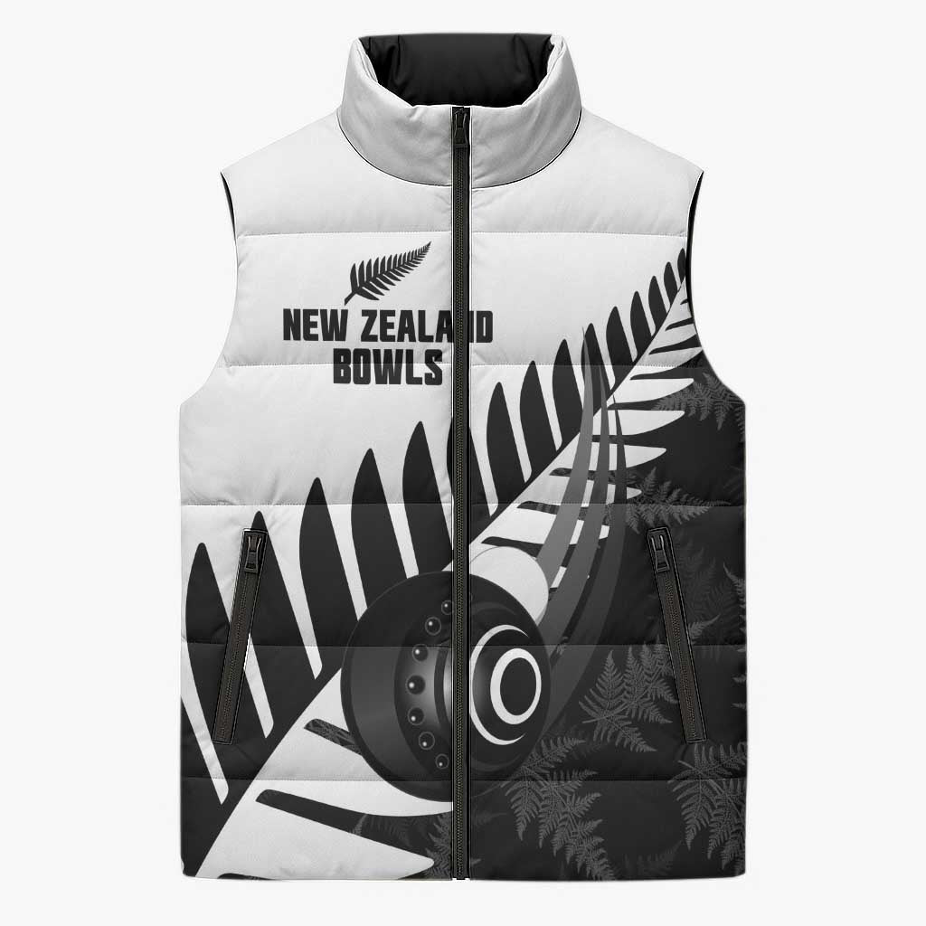 New Zealand Lawn Bowls Custom Sleeveless Puffer Jacket Aotearoa Silver Fern LT14 Unisex Black - Polynesian Pride