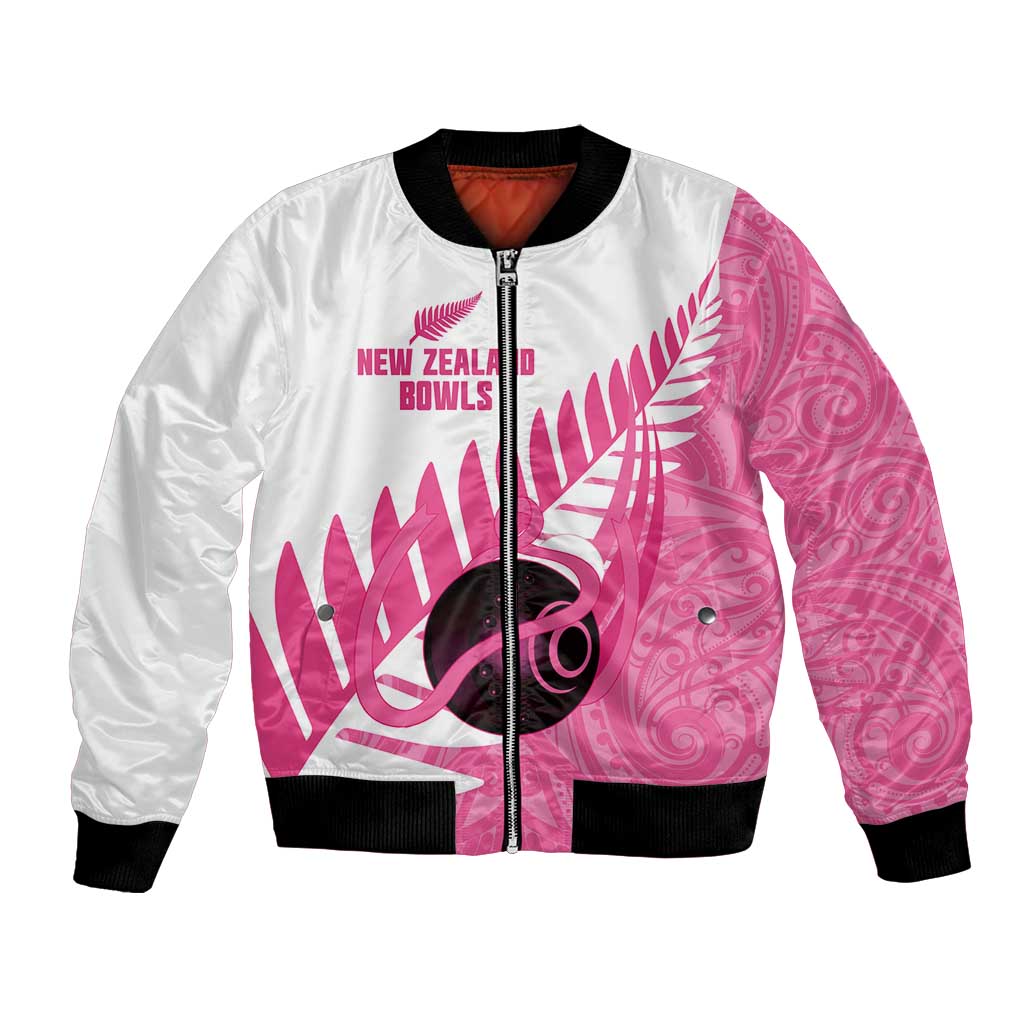 New Zealand Lawn Bowls Breast Cancer Custom Bomber Jacket Aotearoa Maori Silver Fern Pink Ribbon LT14 Unisex Pink - Polynesian Pride