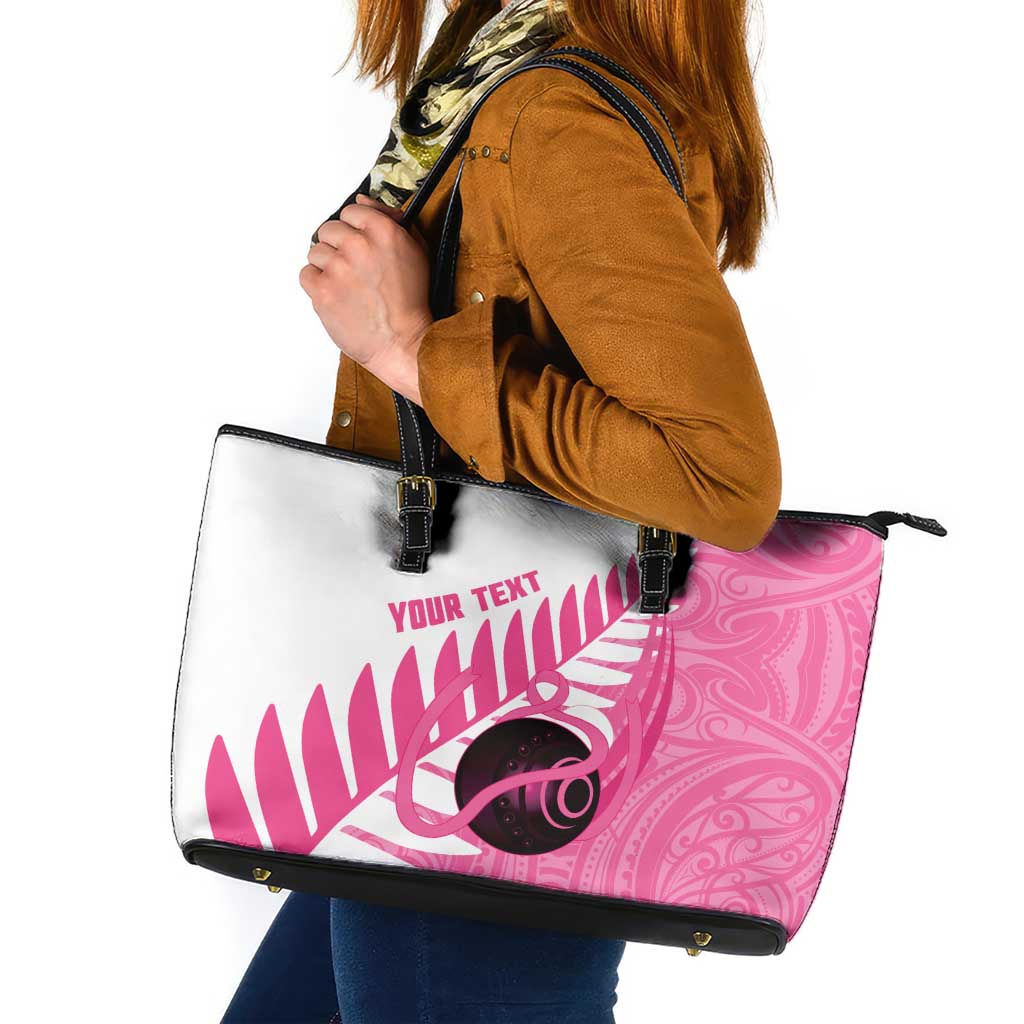 New Zealand Lawn Bowls Breast Cancer Custom Leather Tote Bag Aotearoa Maori Silver Fern Pink Ribbon LT14 Pink - Polynesian Pride