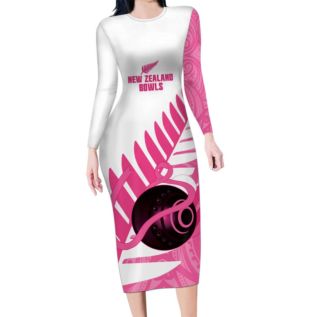 New Zealand Lawn Bowls Breast Cancer Custom Long Sleeve Bodycon Dress Aotearoa Maori Silver Fern Pink Ribbon LT14 Long Dress Pink - Polynesian Pride