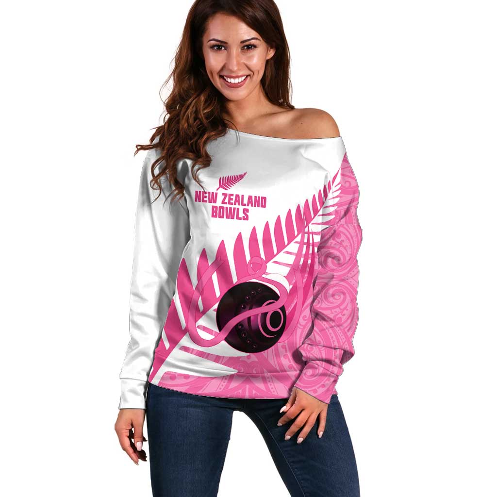 New Zealand Lawn Bowls Breast Cancer Custom Off Shoulder Sweater Aotearoa Maori Silver Fern Pink Ribbon LT14 Women Pink - Polynesian Pride
