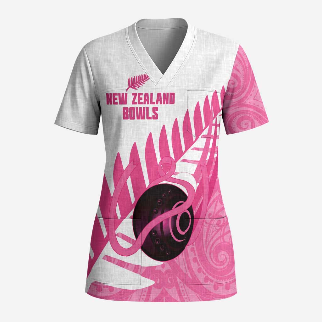 New Zealand Lawn Bowls Breast Cancer Custom Scrub Top Aotearoa Maori Silver Fern Pink Ribbon LT14 Adult Pink - Polynesian Pride