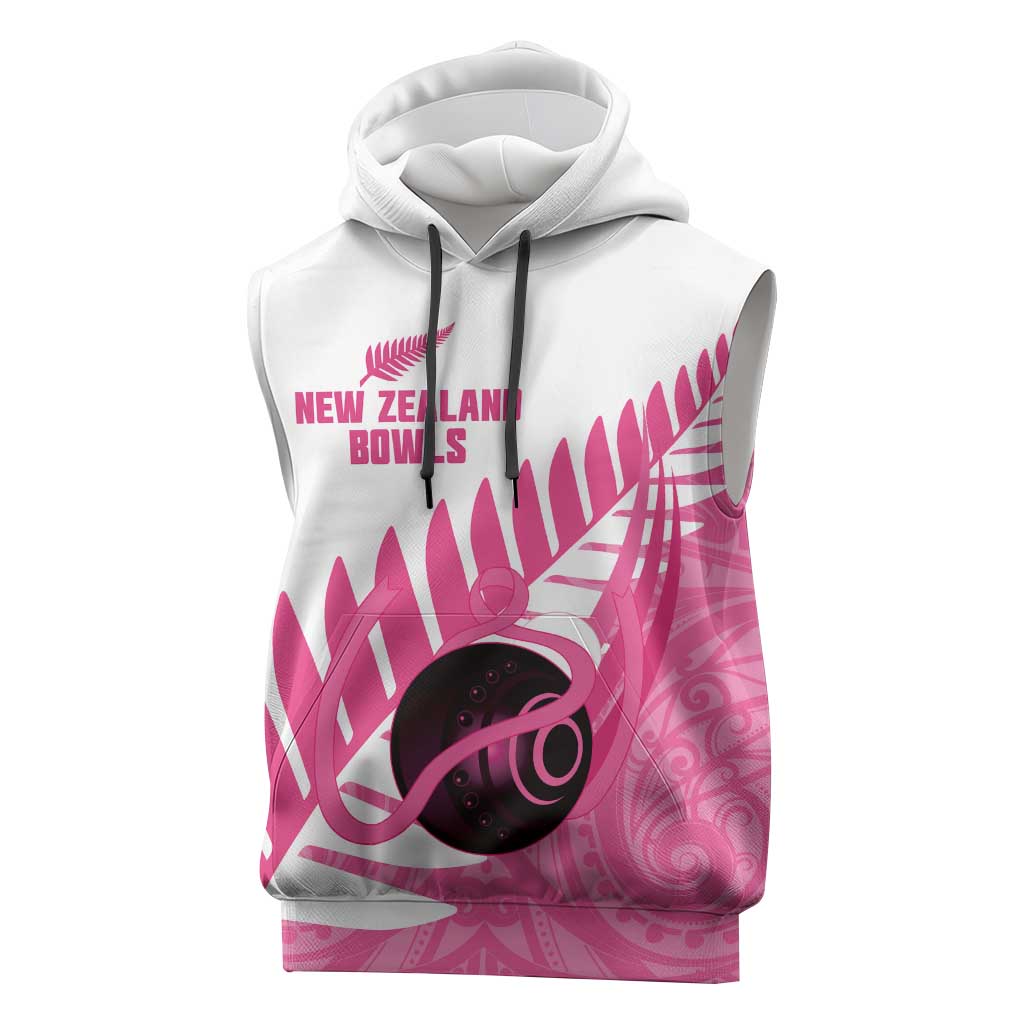 New Zealand Lawn Bowls Breast Cancer Custom Sleeveless Hoodie Aotearoa Maori Silver Fern Pink Ribbon LT14 Pink - Polynesian Pride