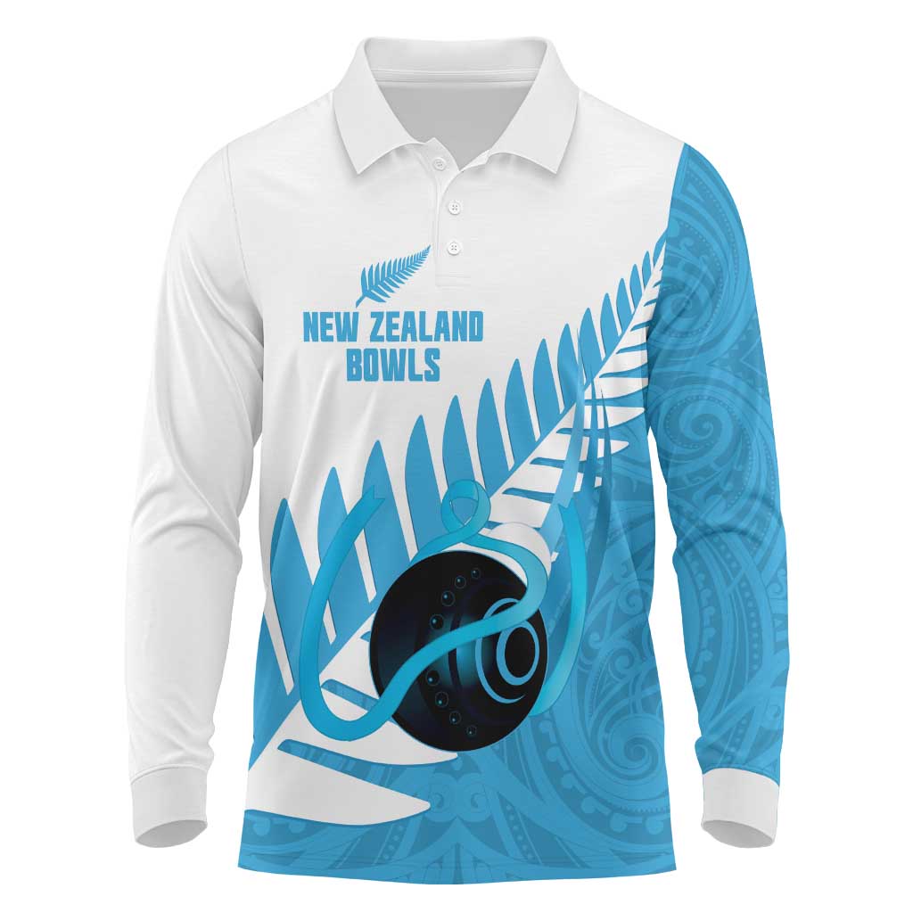 New Zealand Lawn Bowls Prostate Cancer Custom Long Sleeve Polo Shirt Aotearoa Maori Silver Fern Blue Ribbon LT14 Blue - Polynesian Pride