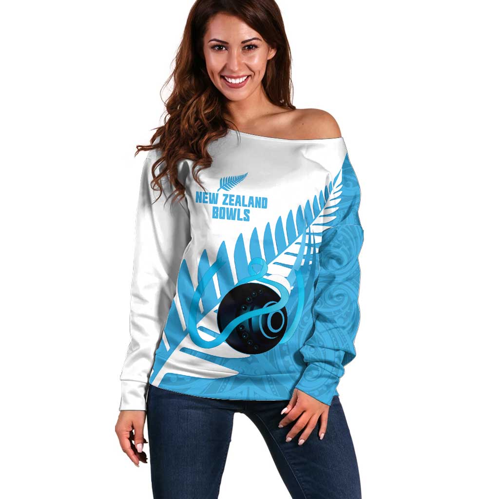 New Zealand Lawn Bowls Prostate Cancer Custom Off Shoulder Sweater Aotearoa Maori Silver Fern Blue Ribbon LT14 Women Blue - Polynesian Pride