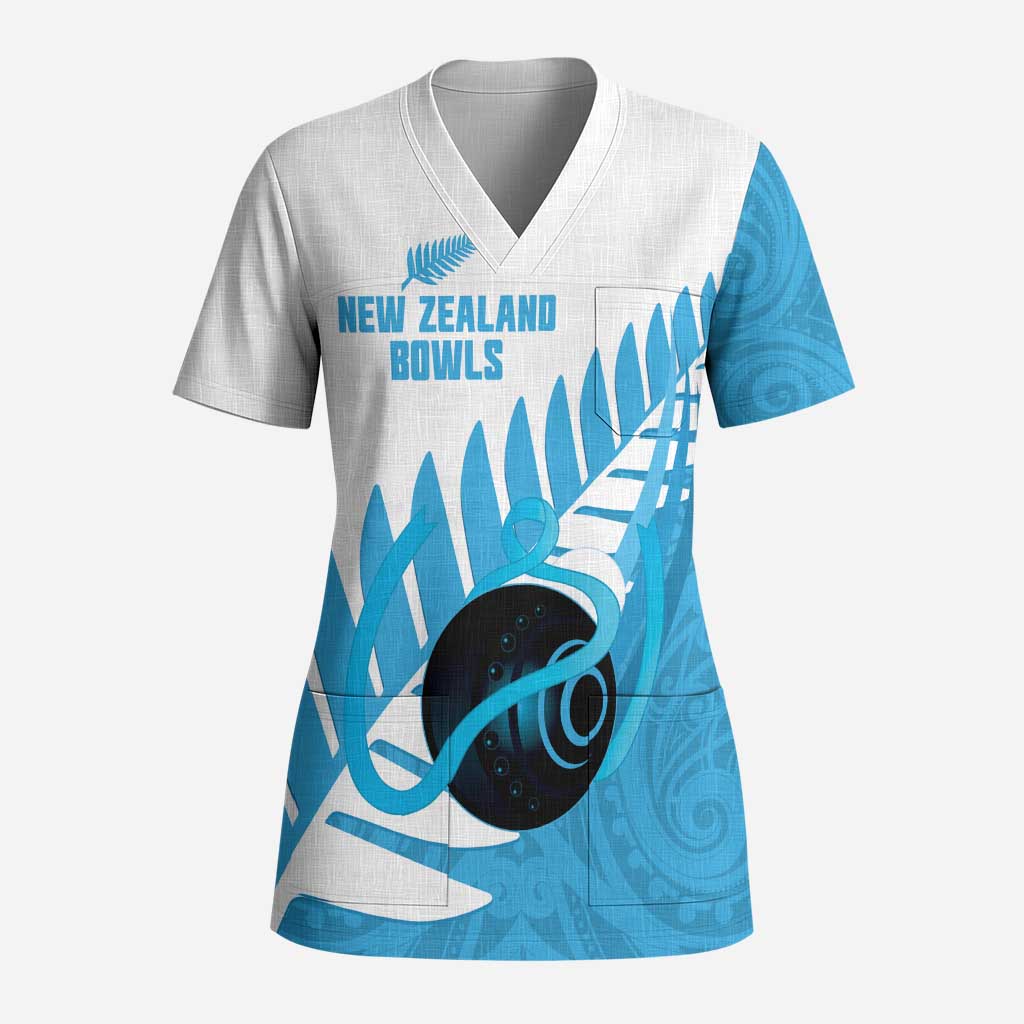 New Zealand Lawn Bowls Prostate Cancer Custom Scrub Top Aotearoa Maori Silver Fern Blue Ribbon LT14 Adult Blue - Polynesian Pride