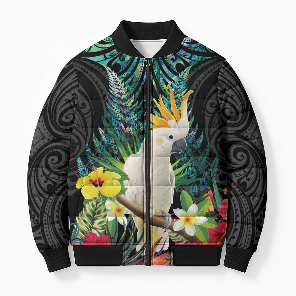 Sulphur-crested Cockatoo New Zealand Bomber Puffer Jacket Paua Shell Aotearoa Maori Tropical Flowers LT14 Unisex Black - Polynesian Pride